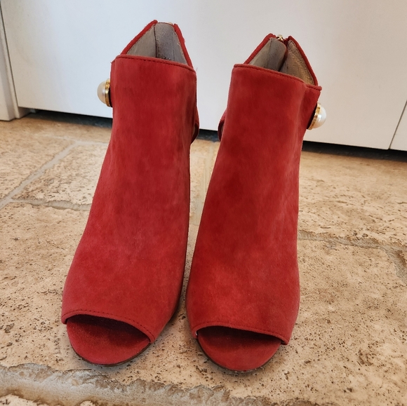 Louis Et Cie Red Leather Suede Open Toe Booties Boots Shoes Heels Pearl Gold 8.5 - Picture 4 of 7